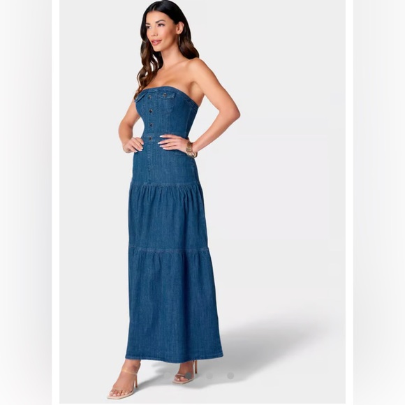 bebe STRAPLESS TIERED LIGHTWEIGHT DENIM DRESS - Picture 2 of 8